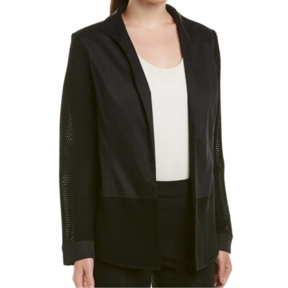 Ming Wang Open Front Jacket Black Mesh Sleeve Mixed Media Cotton Blend XL